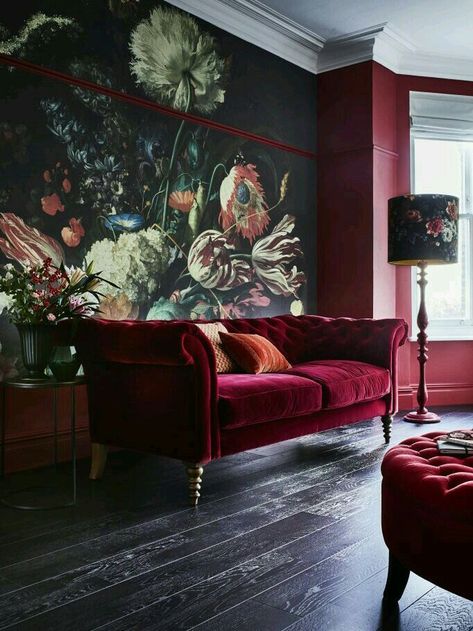 Variations on a theme.............. Dark Jewel Tone Home Decor, Red Velvet Couch Living Room Ideas, Dark Floral Wallpaper Living Room, Home Decor Jewel Tones, Dark Floral Living Room, Jewel Tone Dark Moody Bedroom, Jewel Tone Floral Wallpaper, Dark Burgundy Living Room, Jewel Tone Sofa