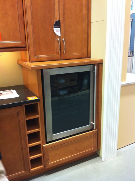 butlers pantry- Love the varied heights on the counter and the mini fridge idea! Raised Mini Fridge, Mini Fridge On Counter, Wine Fridge Cabinet, Mini Fridge Cabinet, Fridge Ideas, Fridge Cabinet, House Redo, Beverage Centers, Butlers Pantry