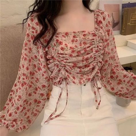 Korean Tops Blouse, Blouse Aesthetic, Floral Top Outfit, Floral Chiffon Blouse, Fashion Top Outfits, Fashion Tops Blouse, Trendy Fashion Tops, Korean Fashion Dress, Drawstring Top