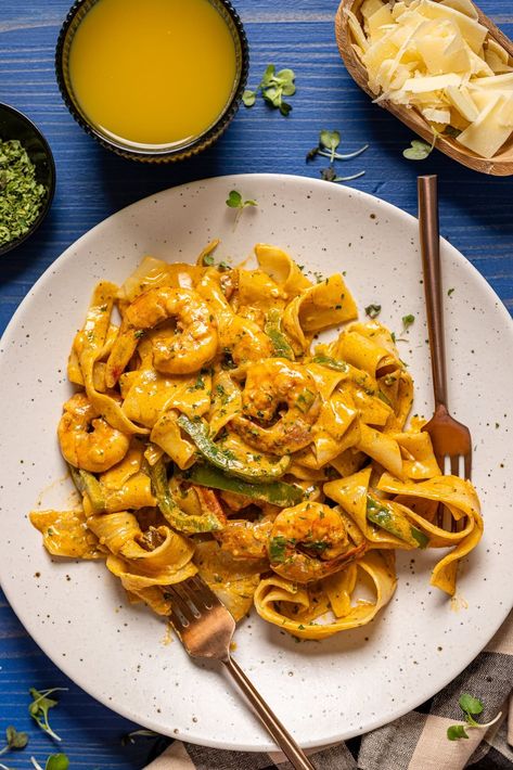 Creamy Cajun Shrimp Pasta with Pappardelle | Orchids + Sweet Tea Cajun Seafood Pasta, Pasta Recipe Creamy, Pappardelle Recipe, Creamy Cajun Shrimp, Creamy Cajun Shrimp Pasta, Shrimp Pasta Recipe, Cajun Sauce, Cajun Shrimp Pasta, Cajun Seafood