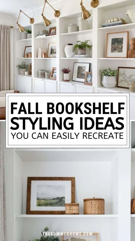 Explore cozy vibes with our blog post on Decorating for Fall: Fall Bookshelf Decor Ideas. Discover creative ways to incorporate Fall Bookshelf Decor into your home. From rustic accents to autumn hues, find inspiration for Decorating For Fall that transforms your bookshelves into seasonal showcases. Decorating Bookshelves For Fall, Styling Bookshelves Living Room, Decorating Living Room Shelves, Fall Bookshelf Decor, Living Room Bookshelf Decor, Built In Shelf Decor, Bookshelf Decor Ideas, Fall Bookshelf, Style Bookshelves