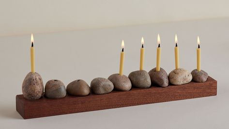 Judaica Standard Time creates contemporary interpretations of menorahs, Hanukkah cards, Shabbat candle holders and mezuzahs in collaboration with leading creatives Rock Candle Holder, Shabbat Candle Holders, Rock Candle, Modern Judaica, Shabbat Candles, Hanukkah Cards, Seder Plate, Jewish Culture, Menorah