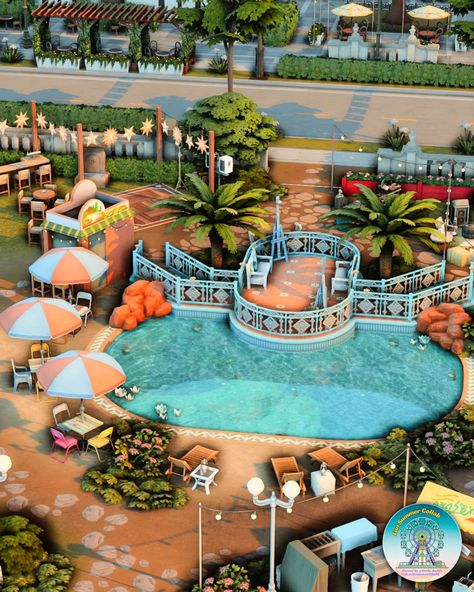 I built in @thesims the ultimate spot for romantic dates, family fun, and so much more! 🌄 Built in Ciudad Enamorada from the Lovestruck EP, this park has it all: an outdoor bar and dance area, delicious food stalls, a playground for the little ones, a cozy bonfire with tents, an outdoor cinema, and even a swimming pool! ☀️ It's the perfect place to enjoy those warm summer days. I created this build as part of the #ts4funsummercollab , so be sure to check out the hashtag in the gallery to dis... Sims 4 Public Pool, Sims 4 Cinema, Sims Park, Ts4 Builds, The Sims 4 Lots, Sims Inspiration, Sims Houses, Sims Builds, Sims 4 House Building