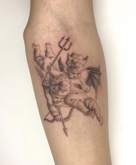 Greek Gemini Tattoo, Cherub Leg Tattoo, Cherub Neck Tattoo, Devil Cherub Tattoo, Lion King Decorations, Lion Paintings, Lions Tattoo, Cherub Tattoo Designs, Lion Nursery Art