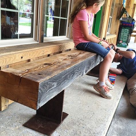 Benches made from I-beams Steel I Beam Ideas, I Beam Ideas, Barn Beam Ideas, Beam Ideas, Rustic Outdoor Benches, Meja Industrial, Deck Posts, Barn Wood Projects, Reclaimed Wood Projects