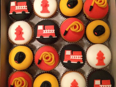 Firemen! Cupcakes Firefighter Cupcakes Ideas, Firemen Cupcakes, Fireman Cupcakes, Firefighter Cupcakes, Fire Truck Cupcakes, Fire Engine Cake, Future Firefighter, Fire Engine Party, Fireman Cake