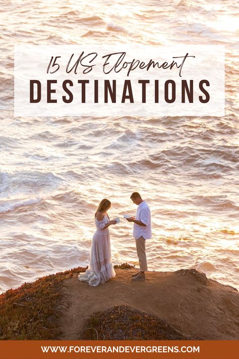 15 US Elopement Destinations: A couple stands on a cliff overlooking the ocean reading their vows. The crashing ocean waves glow with bright golden hues during the sunset. Eloping Ideas Destinations, Where To Elope In The Us, Elope Beach Wedding, Elopement Places In Us, Beautiful Elopement Locations, Cheap Elopement Ideas, Places To Elope In The Us, Elopement Locations In The Us, Best Elopement Locations In Us