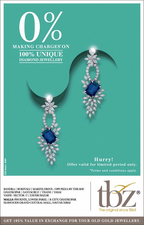 tbz-jewellers-0%-making-charges-on-100%-unique-diamond-jewellery-ad-bombay-times-08-06-2018 Earring Advertisement, Jwellery Posts, Earrings Creative Ads, Jewellery Ads Creative, Jewellery Poster Design, Jewellery Creative, Creative Jewellery Poster Design, Jewellery Advertisement Posters, Jewellery Advertisement