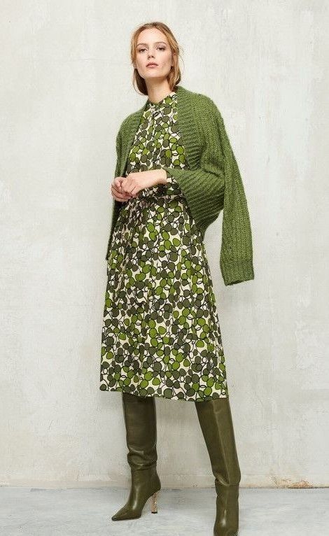 Olive Green Dress Outfit, Calm Green, Green Dress Outfit, Mustard Cardigan, Conservative Fashion, Elegant Boots, Dark Autumn, Winter Dress Outfits, Dress Design Sketches