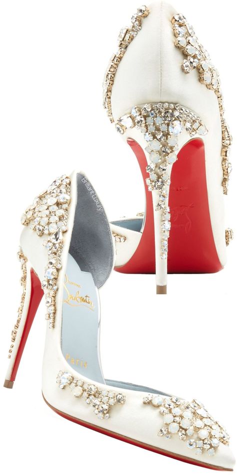 Christian Louboutin ivory Brodiriza bejeweled satin pumps #brilliantluxury Christian Louboutin Shoes Wedding, Wedding Louboutins, Louboutin Heels Wedding, White Louboutin Heels, Louboutin Wedding Heels, White Louboutin, White Lace Heels, Louboutin Wedding Shoes, Louboutin Wedding