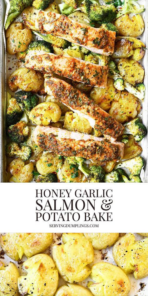 Honey Garlic Salmon and Potato Bake - Serving Dumplings Salmon Roasted Potatoes, Salmon And Potato Skillet, Salmon Broccoli Potatoes, Salmon And Potato Salad, Salmon Vegetables Recipes, Potato And Salmon Recipe, Salmon Potato Bake, Salmon Potato Recipes, Salmon Loaded Baked Potato