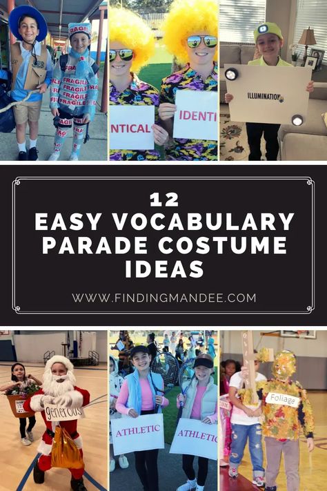 12 Easy Vocabulary Parade Costume Ideas - Finding Mandee Adjective Dress Up Day Ideas, Vocabulary Dress Up, Vocabulary Day Parade, Word Play Costumes Ideas, Adjective Costume Ideas, Diy Vocabulary Parade Costumes, Vocabulary Words Costume Ideas, Letter Parade Costume, Vocabulary Word Dress Up Day Ideas