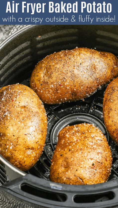 This air fryer baked potato recipe makes perfect baked potatoes, with crispy outsides and tender insides. Just add your favorite toppings! Baked Potato Recipe, Air Fryer Baked Potato, Perfect Baked Potato, Air Fryer Cooking Times, Cooks Air Fryer, Air Fried Food, Air Fryer Oven Recipes, Baked Potato Recipes, Air Fry Recipes