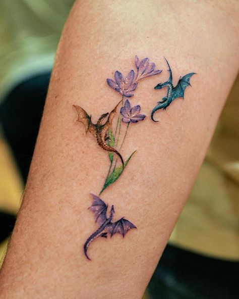 Dragon Tattoo Detailed, Colorful Dragon Tattoo For Women, Owned Tattoos For Women, Tattoos For Queer Women, Mother Son Dragon Tattoos, Small Dragon Line Tattoo, Dual Dragon Tattoo, Book With Dragon Tattoo, Book Dragon Tattoo For Women