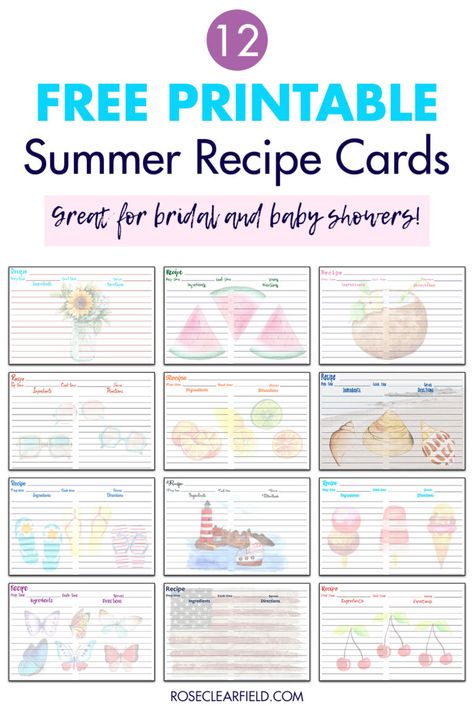 Free Printable Summer Recipe Cards • Rose Clearfield Recipe Cards Printable Free, Recipe Cards Template, Dinner Club, Free Vintage Printables, Easy Candles, Summer Recipe, Recipe Template, Custom Recipe, Free Business Card Templates