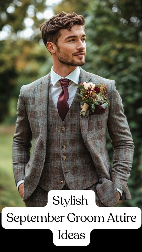 Groom wearing a stylish suit for a September wedding, showcasing a perfect blend of classic and modern attire ideal for the autumn season. Classic Groom Attire, Unique Groom Attire, Casual Groom Attire, Classic Suits, Groom's Attire, Casual Grooms, Groom Wedding Attire, The Best Outfits, Wedding Look