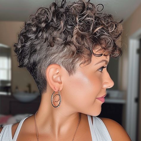 Curly Pixie with Tapered Sides Perms Short Hair Women, Curly Gray Pixie, Short Hair Styles For Curly Hair Over 50, Womens Short Curly Hair, Thick Short Curly Hair, Naturally Curly Pixie Haircut, Short Curly Hair Shaved Side, Short Curly Haircuts Pixie, Shaved Sides Curly Hair