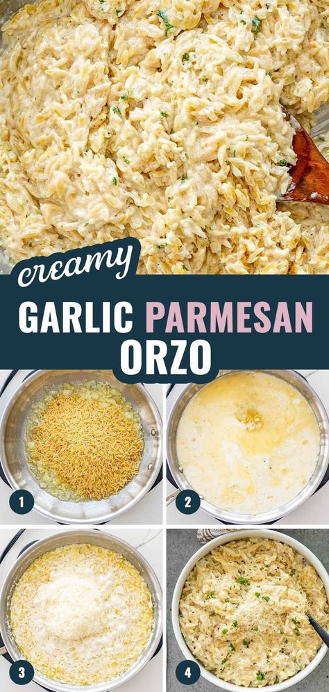 Meals To Make For Guests, Orzo Pasta Recipes Side Dishes, Orzo Side Dish Recipes, Orzo Side Dish, Orzo Side, Garlic Parmesan Orzo, Creamy Orzo Recipes, Orzo Recipes Side, Macaroni Dishes