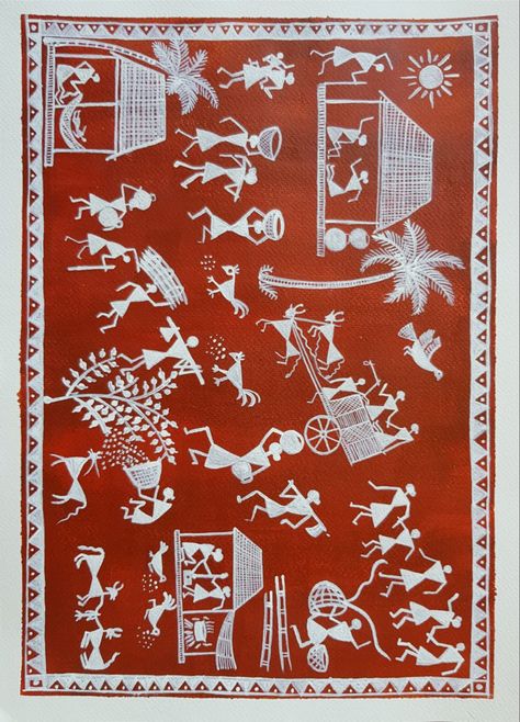 Warli Art On A3 Sheet, Warli Art Paintings On Wall, Varali Art, Warali Drawings, Worli Painting, Warli Painting, Bull Painting, Indian Wall Art, Warli Art