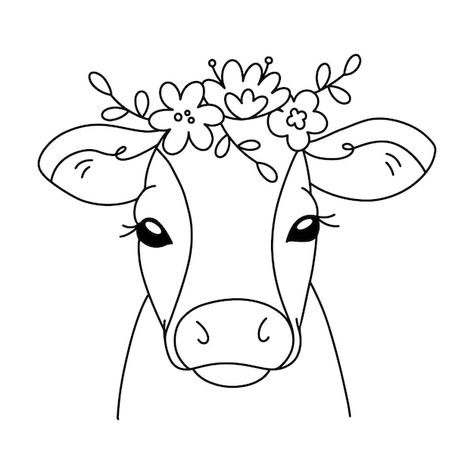 Cute cow with a bouquet of flowers outli... | Premium Vector #Freepik #vector #cartoon-sketch #line-drawing #animal-drawing #black-white-illustration Cow Outline Tattoo, Flowers Outline, Cow Sketch, Animal Line Drawings, Cow Drawing, A Bouquet Of Flowers, Cow Painting, Cute Cow, Outline Art