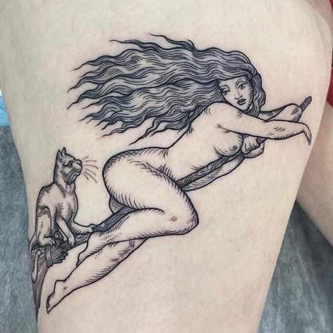 Vintage Witchy Tattoos, Witch On Broomstick Tattoo, Bone Witch Fan Art, Witch At The Stake Tattoo, Witch Broomstick Tattoo, Goddess Body Tattoo, Naked Witch Tattoo, Witch On Broom Tattoo, Witchy Stomach Tattoo