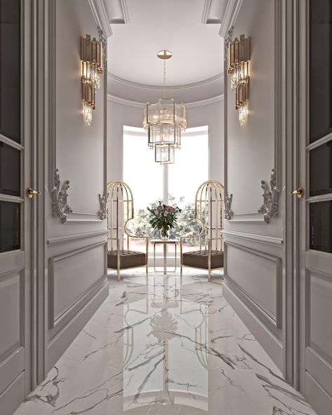 Is your hallway in need of a makeover? @interior_dsgnr showcases the stunning Empire Wall Lamps, turning an ordinary space into an extraordinary one. Discover how you can bring this look to your projects. 🔗 Download our Lighting Catalog from the link in bio. #lifestylebyluxxu #covethouse #luxurylighting #interiordesign #luxuryliving #designinspo #lightingdesign #luxurylifestyle #luxurydecor #hallway #hallwaydesign #hallwaydecor #entryway #interiordesign #designtrends #entrywaydecor #modernl... Interior Lighting Ideas, Hallway Design, Classic Interior Design, Foyer Design, Neo Classic, Expensive Houses, Luxury Rooms, Classic Interior, Lighting Inspiration