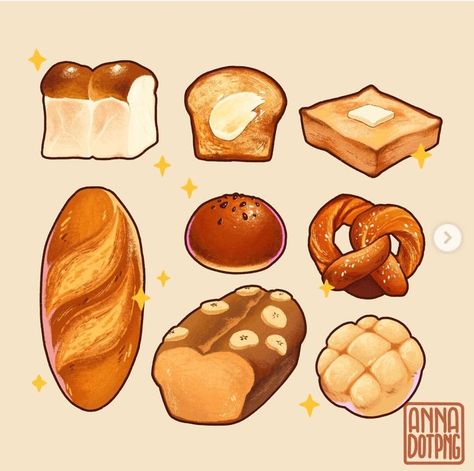 Bread Aesthetic Drawing, Cute Pastry Drawings, Pretzel Drawing, Easy Pastry Desserts, Pastries Drawing, Art Bread, Bread Illustration, Desserts Drawing, Homemade Cookbook