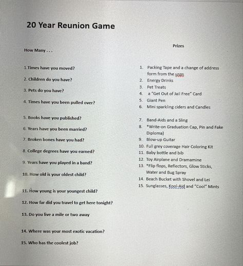 20th Class Reunion Ideas, 20 Year High School Reunion Ideas, Class Reunion Planning Ideas, 20 Year Class Reunion Ideas, High School Reunion Games, 10 Year Reunion Ideas, High School Class Reunion Ideas, Class Reunion Games, 10 Year Class Reunion