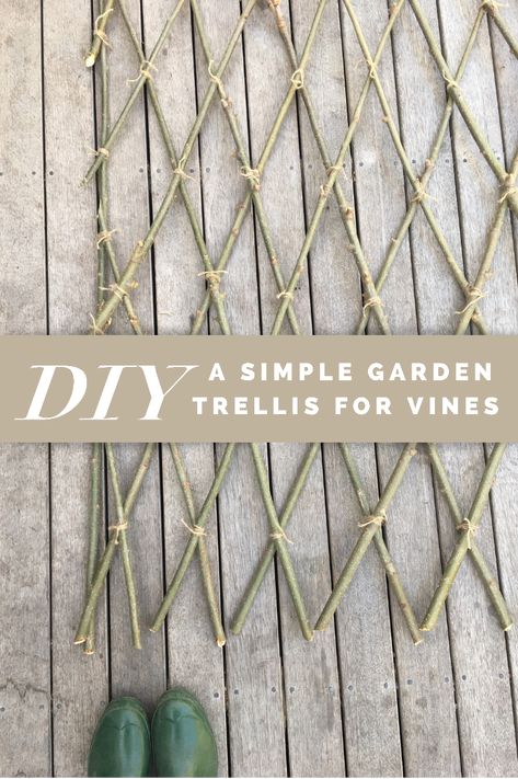 A diamond shaped garden trellis made out of sticks next to green gum boots. Unusual Trellis Ideas, Bamboo Lattice Trellis, Natural Wood Trellis, Willow Trellis Diy, Branch Trellis Diy, Stick Trellis Diy, Trellis From Branches, Trellis Vegetable Garden, Small Vegetable Garden Ideas Layout