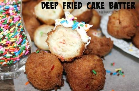 ~Deep Fried Cake Batter! | Oh Bite It Deep Fried Cake, Deep Fried Fair Food, Fried Cake, Deep Fried Desserts, Deep Fryer Recipes, Deep Fried Recipes, Fried Dessert, Deep Fried Food, Lemon Cake Mixes