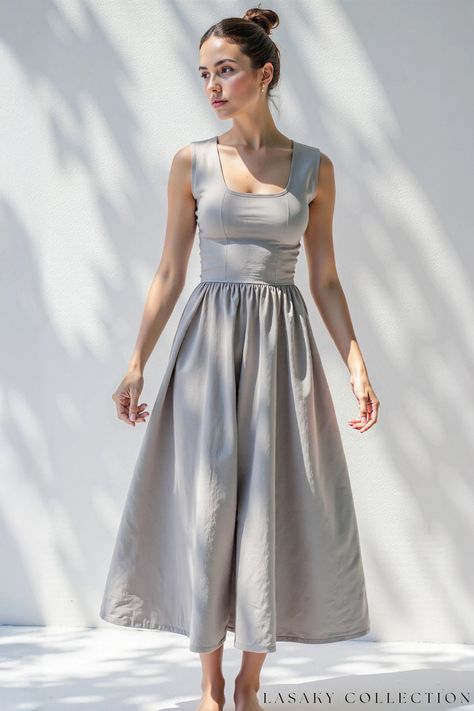 Elegant Solstice Midi Dress Ethereal Style, Midi Dress Elegant, Ethereal Aesthetic, Understated Luxury, Flowing Skirt, A Romantic, Fitted Bodice, Dress Backs, Square Neckline