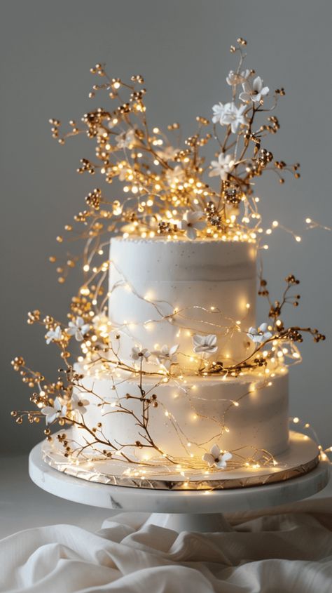 White Ribbed Wedding Cake, Modern Square Wedding Cake, Sparkly Cake Ideas, Winter Wonderland Wedding Cake Ideas, Magical Wedding Cake, Winter Wedding Cake Toppers, Wedding Cake Non Traditional, Fairy Light Cake, Christmas Themed Wedding Cake