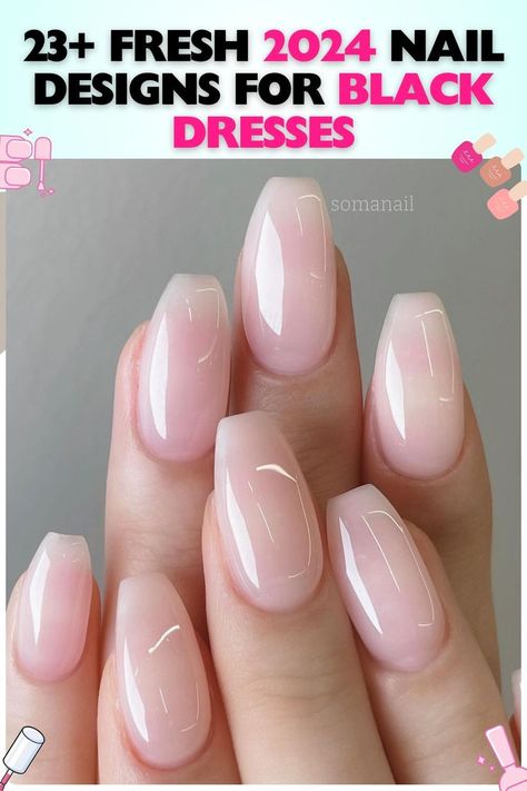 Soft pink acrylic coffin nails with a glossy finish, ideal for a clean and polished look. These nails for black dresses work well for both formal and casual settings, offering a timeless and elegant style. Nails For Formal Event Manicures Black Tie, Formal Short Nails Classy, Business Nails Professional Short, Nails With Black Dress Classy, Elegant Oval Nail Designs, Engagement Nails For Pictures, Nails For Black Tie Event Classy, What Color Nails With Black Dress, Short Nails Wedding Guest