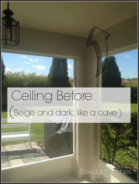 Patio: Don't forget the Ceiling - Sawdust 2 Stitches Patio Ceiling Paint Ideas, Painted Patio Ceiling, Patio Ceiling, Ceiling Paint Colors, Ceiling Painting, Concrete Ceiling, Patio Enclosures, Be Clean, Painted Patio