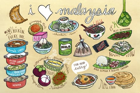 stellarbaby.com: liza ferneyhough, illustrator & designer Malaysian Food Illustration, Asia Drawing, Malaysia Illustration, Poster Malaysia, Malaysian Art, Malaysia Day, Malaysia Culture, Nyonya Food, Malaysia Travel Guide