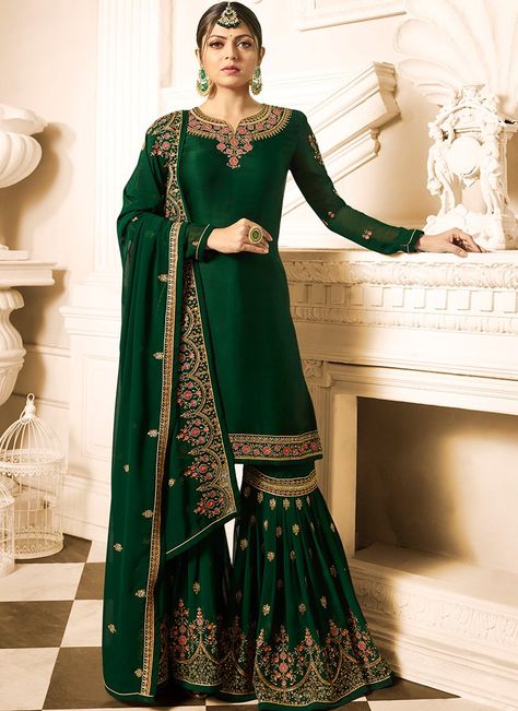 Emerald Green Embroidered Gharara Suit Green Gharara, Sarara Dress, Roka Ceremony, Indowestern Dresses, Gharara Designs, Bamboo Diy, Jacket Designs, Desi Fits, Sharara Designs