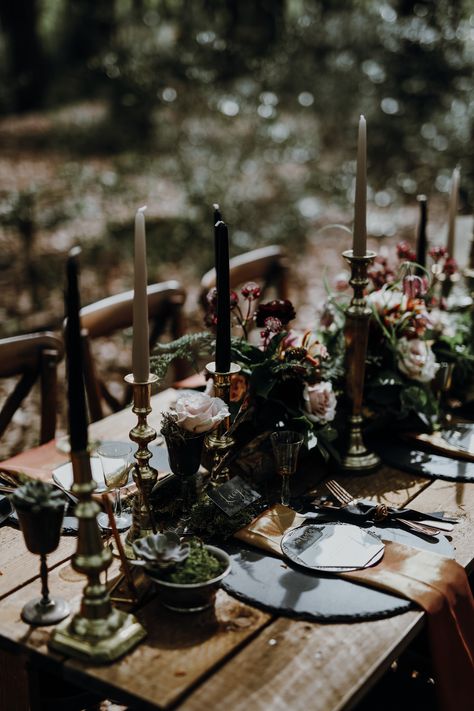 Table Tablescape Decor Black Gold Candles Flowers Modern Gothic Woods Wedding Ideas Ayelle Photography #wedding #Table #Setting #Tablescape #Decor #Black #Gold #Place #Names #Calligraphy #Candles #Flowers Tudor Wedding, Gothic Wedding Theme, Dark Wedding Theme, Halloween Themed Wedding, Modern Gothic, Goth Wedding, Dark Wedding, Moody Wedding, Wedding Winter