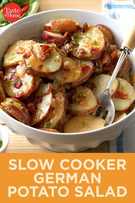 Taste Of Home German Potato Salad, Slow Cooker German Potato Soup, Canning German Potato Salad, Slow Cooker German Potato Salad, German Crockpot Meals, Crockpot German Potato Salad, German Style Potato Salad, Slow Cooker German Recipes, German Potatoes Recipes