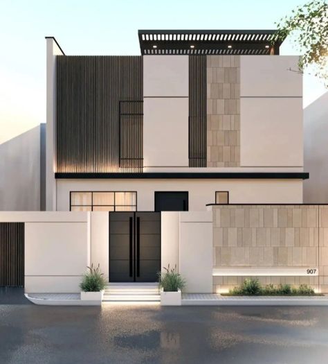 Modern House Design Exterior Front View, Front Facade House Modern, Home Facade Design, Front Elevation Designs Modern, House Front Elevation, Facade Architecture Design, Modern Villa Design, Modern House Facades, Modern Exterior House Designs