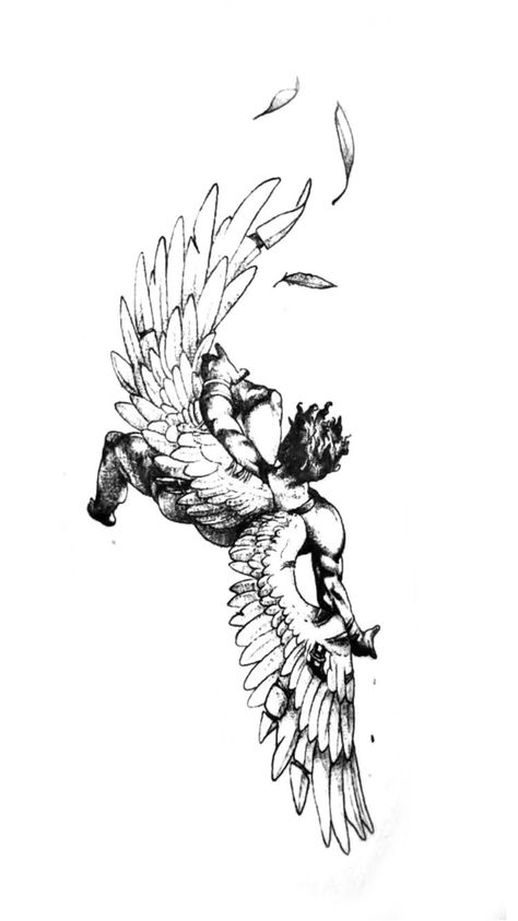 Tattoo Ideas Fallen Angel, Angel Reaching Out Tattoo, Large Tattoo Designs Drawings, Icarus Tattoo Stencil, Icarus Leg Tattoo, Icuris Falling Tattoo Design, Tattoos Icarus, Icarus Falling Drawing, Icarus Back Tattoo