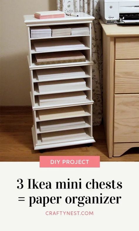 How to build a mobile shelf unit for storing printer paper and envelopes by stacking mini chests — minus the drawers. Tabloid Paper Storage, Printer Paper Storage, Diy Paper Organizer, Paper Storage 12x12, Ikea Plants, Chests Diy, Row Home, Office Supply Storage, Paper Organizer