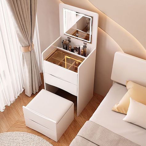 Luxury Dresser, Space Saving Bedroom, Makeup Vanities, Mirror Drawers, Drawer Bedroom, Dressing Table Storage, Mirrored Vanity Desk, Dressing Table Desk, Vanity Benches