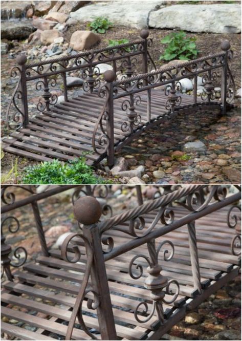 DIY - a repurposed bed frame makes interesting rails for this garden bridge! Other great ideas at this link!  Help reduce our waste! Reuse, upcycle, and repurpose furniture! Old Bed Frames, Small Bridge, Iron Bed Frame, Upcycle Garden, Old Beds, Diy Bed Frame, Metal Bed Frame, Bed Frames, Garden Structures