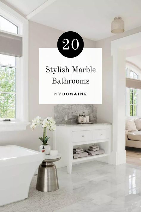 Marble can make almost any room feel a little more luxurious. Although marble can be costly, you can still get this finish on a budget. Ahead, we've got 20 stylish marble bathroom ideas for you. White Bathroom Inspiration Marble, Cappuccino Marble Bathroom, Asian Statuary Marble Bathroom, Marble Floor Bathroom Decor, All White Marble Bathroom, Italian Marble Bathroom Design, Carrera Marble Bathroom Color Scheme, Beige Marble Bathroom Ideas, Marble Master Bath Ideas