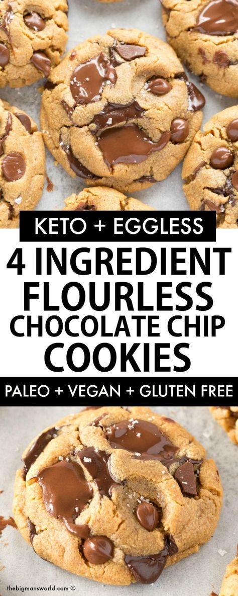 3 Ingredient FLOURLESS and SUGAR FREE cookies are a game-changer! Soft, chewy and ready in 12-minutes, it’s EGGLESS too! #cookies #flourless #ketodessert #vegandessert #ketorecipes Flourless Eggless Cookies, 3 Ingredient Keto Cookies, Keto Vegan Cookies, Flourless Eggless Desserts, Grainless Meals, Cashew Butter Cookies, Flourless Chocolate Chip Cookies, 3 Ingredient Cookies, Flourless Cookies