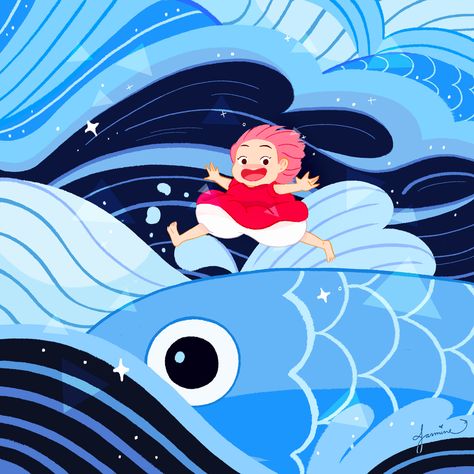 Art of Jasmine Lee - Studio Ghibli Ponyo Art Fanart, Ponyo Illustration, Ponyo Fanart, Sosuke Ponyo, Ghibli Illustration, Ponyo Aesthetic, Ghibli Fanart, Simple Paint, Studio Ghibli Fanart