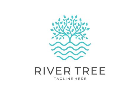 tree lake logo icon, River Tree Logo circle shape design vector template