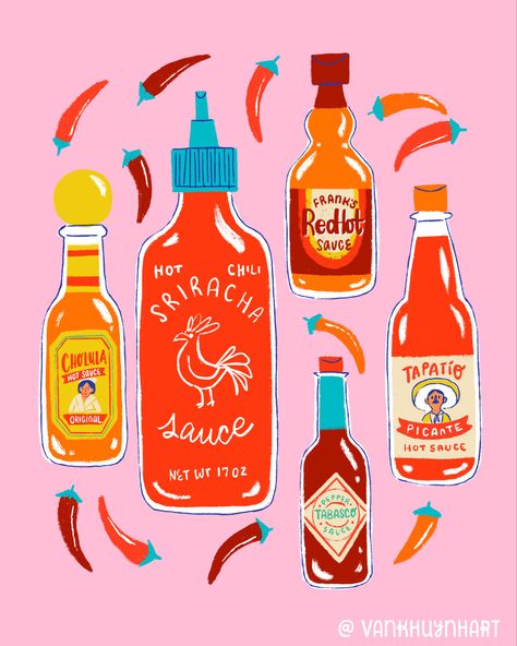 Mexican Graphic Design, Bottle Drawing, Food Artists, Fridge Decor, Hot Sauces, Pottery Painting Designs, Iphone Wallpaper App, Food Illustrations, Red Hot