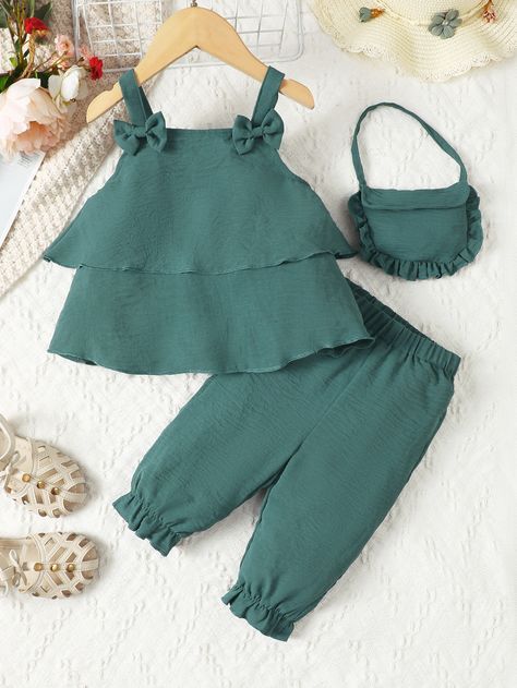 Dark Green Cute Collar Sleeveless Plain Embellished Slight Stretch Toddler Girls Clothing Shein Kids, Kids Frocks Design, Kids Dress Patterns, Kids Dress Wear