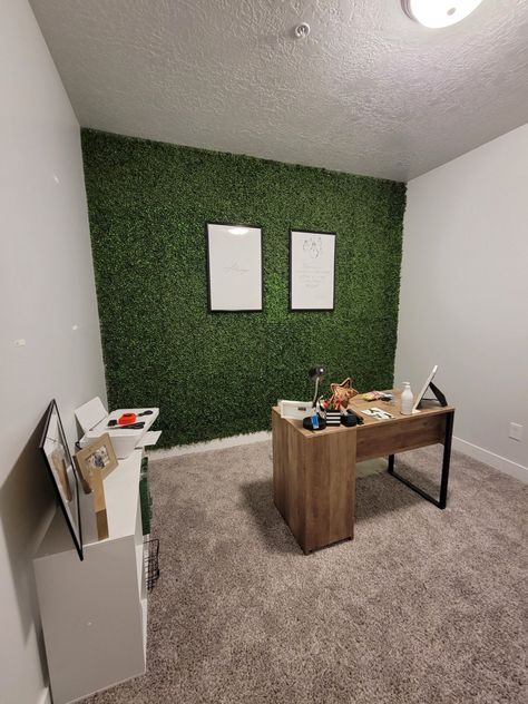 Faux Boxwood Wall Indoor, Boxwood Wall Interior, Fake Grass Wall Decor, Faux Boxwood Wall, Home Office Library Ideas, Office Library Ideas, Boxwood Wall, Faux Wall, Boxwood Plant